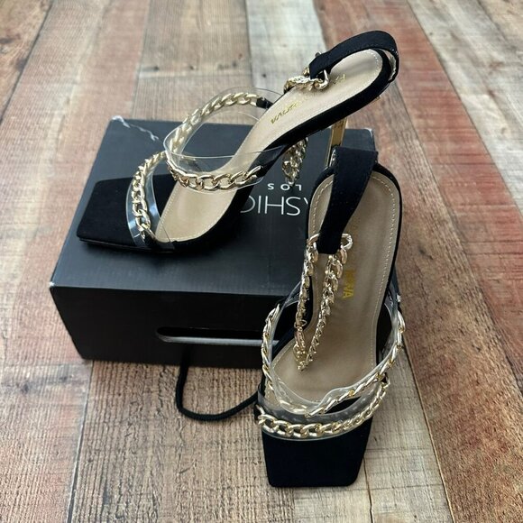 Fashion Nova Shoes - Fashion Nova Link Up With Me Heeled Sandal Dorado Black Size 8.5